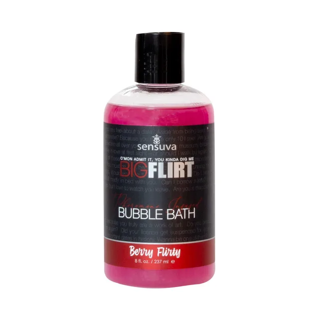 Front of 8 oz Berry Flirty pink bubble bath bottle