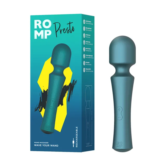 Teal ROMP Presto mini wand standing beside matching retail box