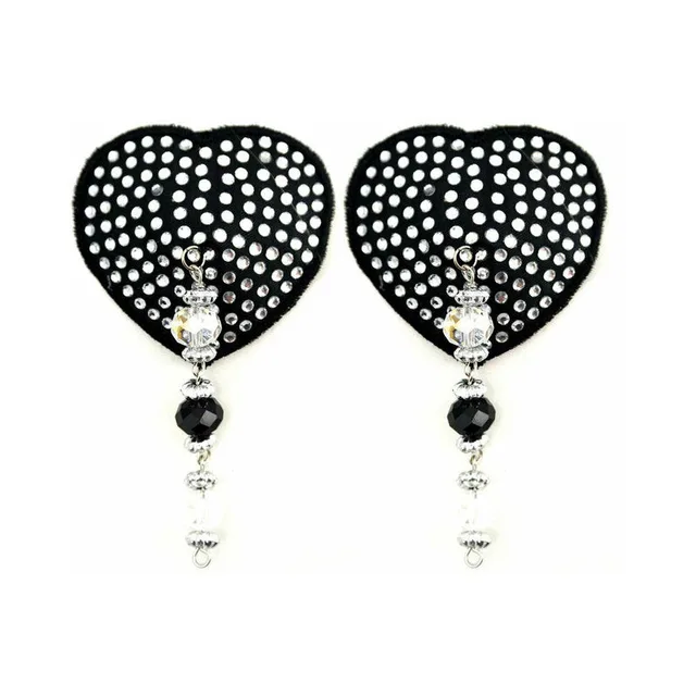 pair of black perforated heart pasties with crystal and bead drops