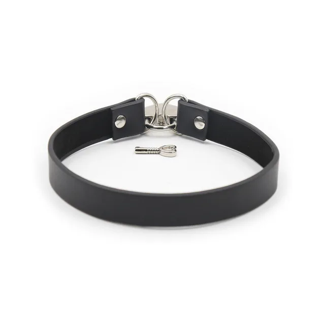 Rear view of black collar with heart padlock and D-ring