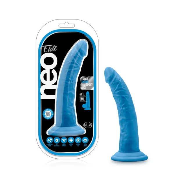 Blush Neo Elite neon blue curved dildo beside black-and-blue clear retail package