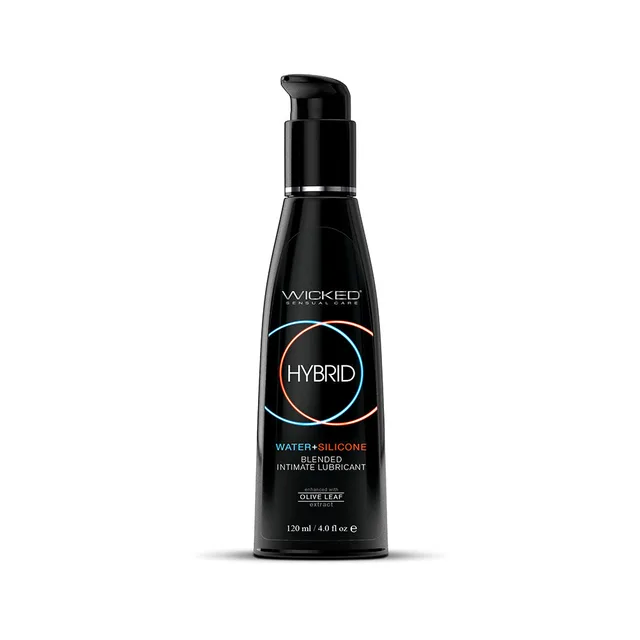 Wicked Hybrid Clear Lubricant 4 oz matte black pump bottle front with blue orange rings