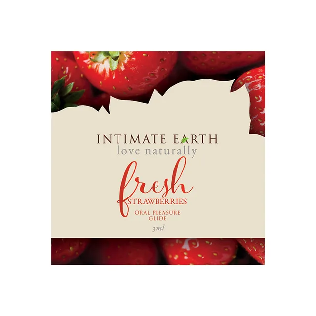 Intimate Earth Fresh Strawberry 3 ml Foil Sample cream packet with strawberry image border
