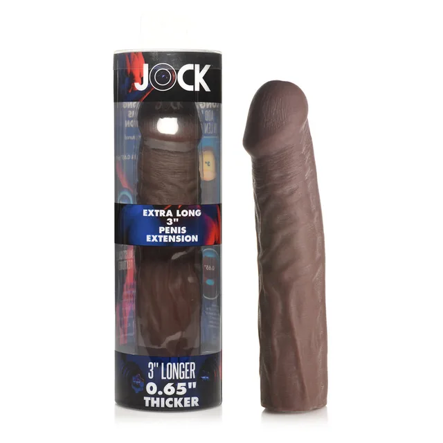 dark brown Jock extra-long 3-inch tip TPE sleeve beside retail box
