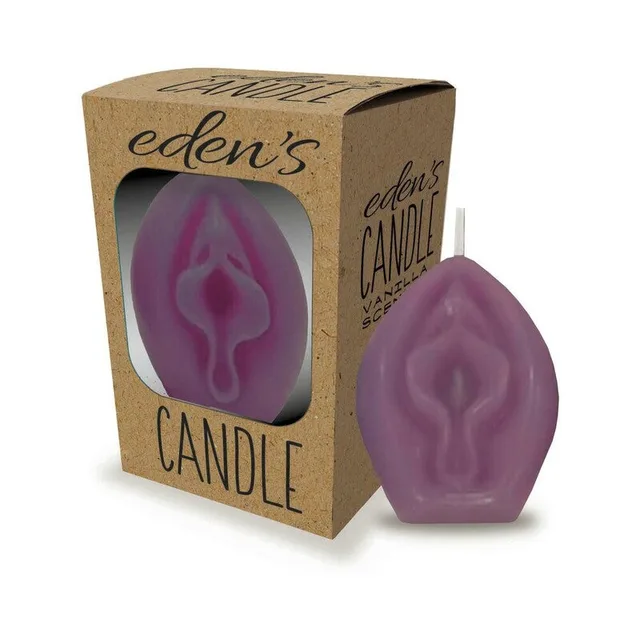 purple sculpted Eden's vagina candle next to brown kraft window packaging