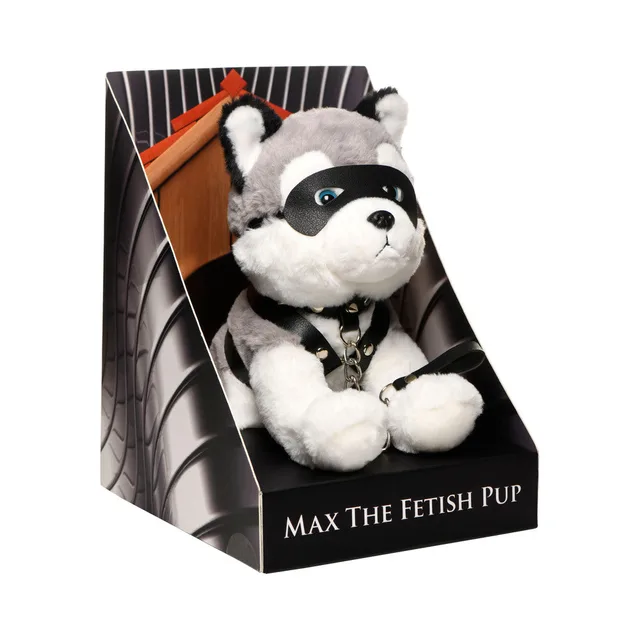 XR Brands Master Series Max the Fetish Pup gray husky plush wearing black mask harness collar and chain