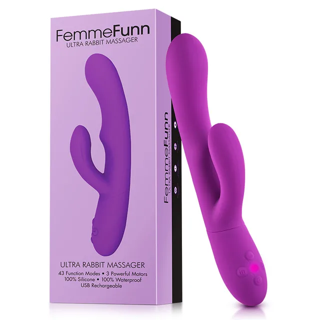 FemmeFunn Ultra Purple Rabbit Vibrator beside lavender black retail carton