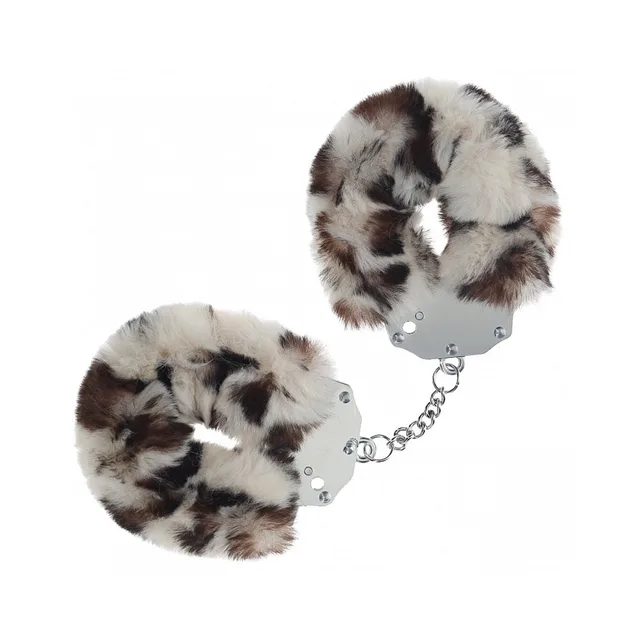 Shots Ouch snow-leopard fluffy iron handcuffs with a short silver chain