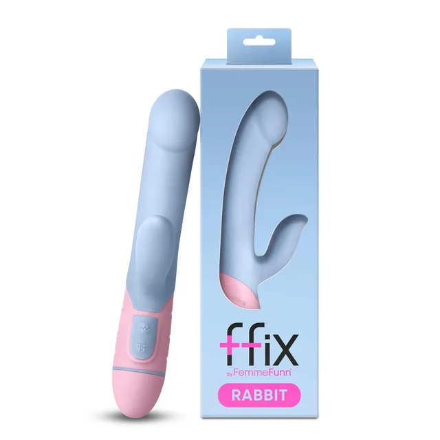 Light blue and pink FFIX Rabbit vibrator beside front retail box
