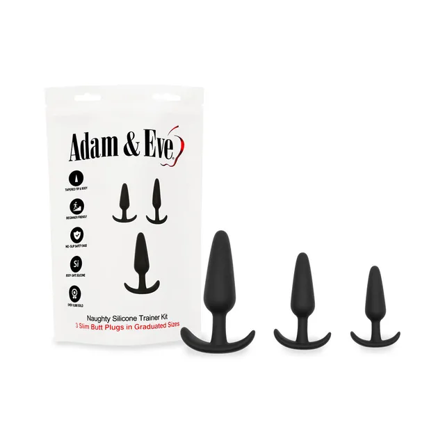 White Adam and Eve bag with three black silicone trainer plugs