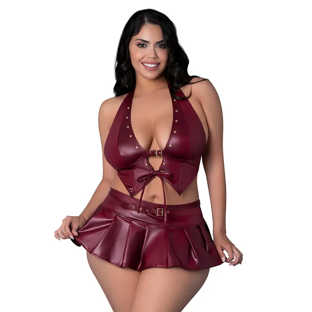 Lust Fetish Seraphina queen-size burgundy halter vest and pleated mini skirt front view