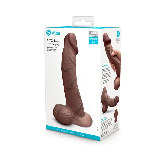 Brown 10-inch Slipskin Curvy dildo beside retail box