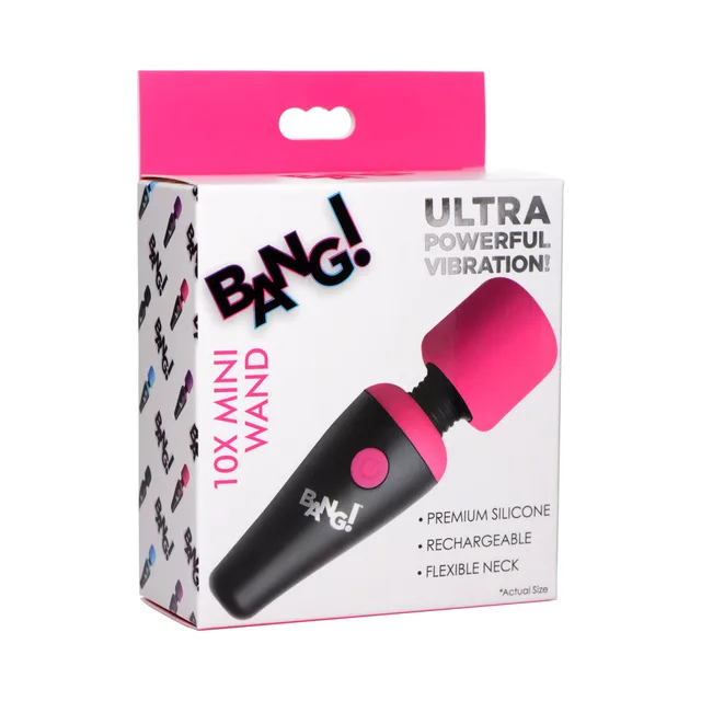 pink and black BANG 10X rechargeable mini wand on pink-trimmed retail box
