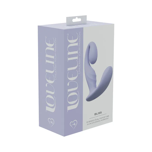 lavender LoveLine Bliss curved twin-arm vibrator on purple retail box