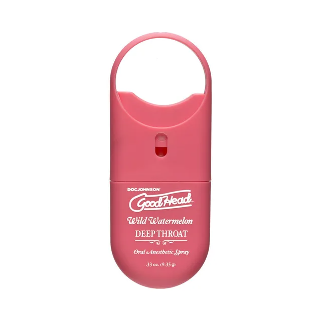 Doc Johnson GoodHead Wild Watermelon To-Go spray front view of flat pink loop-top dispenser
