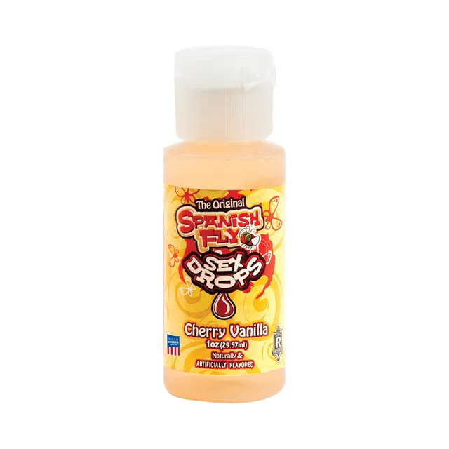 Spanish Fly Cherry Vanilla clear one-ounce bottle with white cap