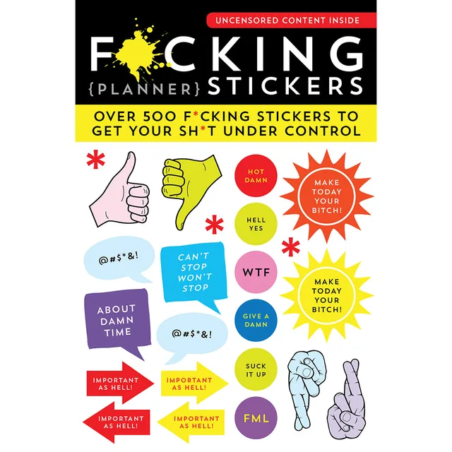 white Fucking Planner Stickers cover with colorful speech bubbles, hands and starbursts