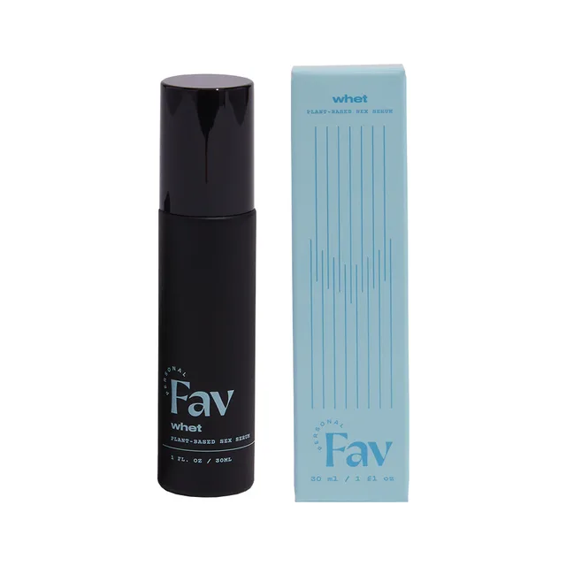 black Personal Fav Whet 1 fl oz pump bottle beside slim light blue carton