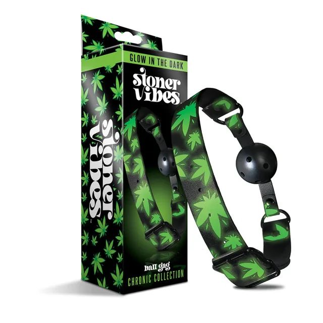 Stoner Vibes cannabis print ball gag pictured beside retail box