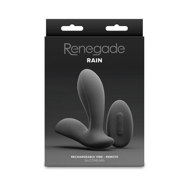 Boxed black Renegade Rain vibrator with separate remote