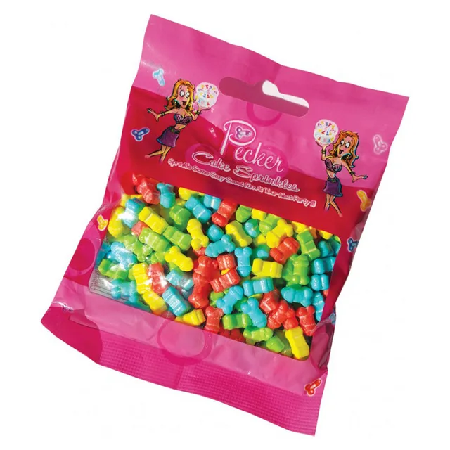Pink Pecker Cake Sprinkles bag filled with multicolor penis shapes
