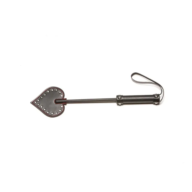 Allure X-Play black riveted spade-shaped crop isolated on white with rigid shaft and looped wrist strap