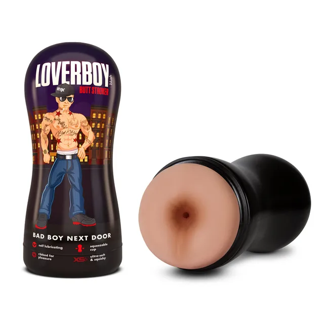 Blush Loverboy Bad Boy Next Door beige TPE anal stroker black container beside exposed sleeve opening