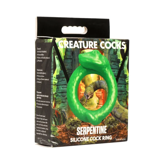 green Serpentine snake silicone cock ring with scaled body on box
