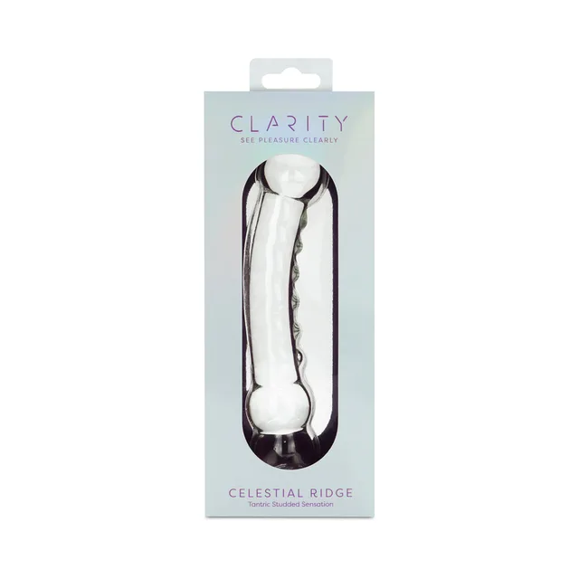 Clarity Celestial Ridge clear sculpted glass dildo in pale box