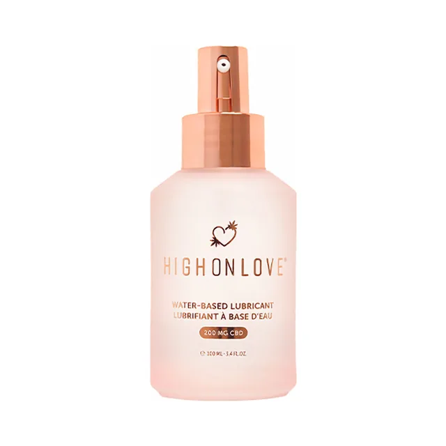 front view of pink HighOnLove CBD Water-Based Lubricant bottle