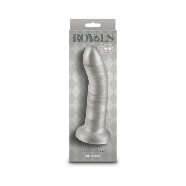Royals Charlie champagne curved dildo displayed in silver retail box