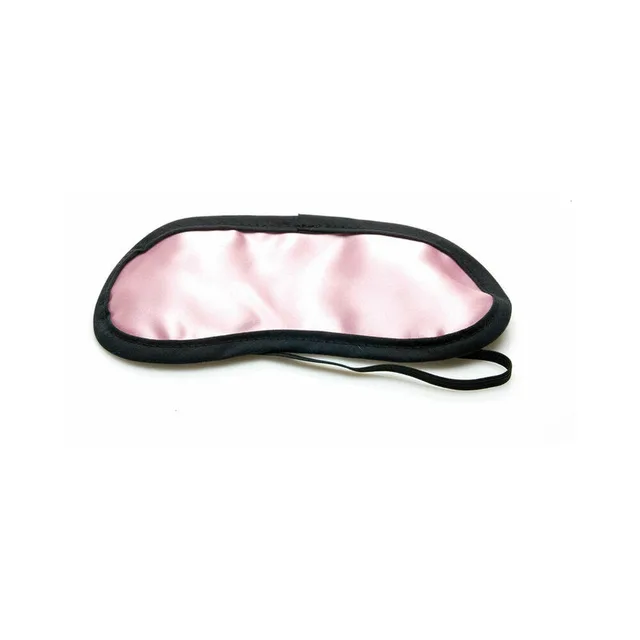 light pink Sex Kitten satin eye mask with black piping and elastic strap