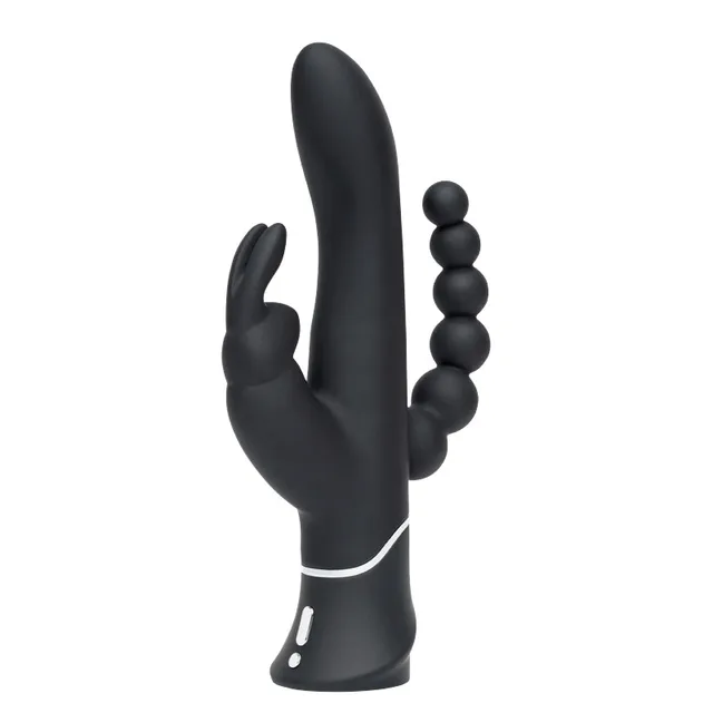 Happy Rabbit Triple black silicone vibrator upright side view showing main shaft rabbit arm and bead row