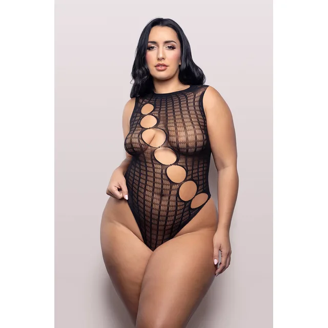 Front view of black Queen teddy with diagonal oval cutouts