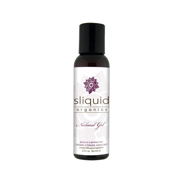 Sliquid Organics Natural Gel 2 oz slim dark bottle with black cap and purple emblem