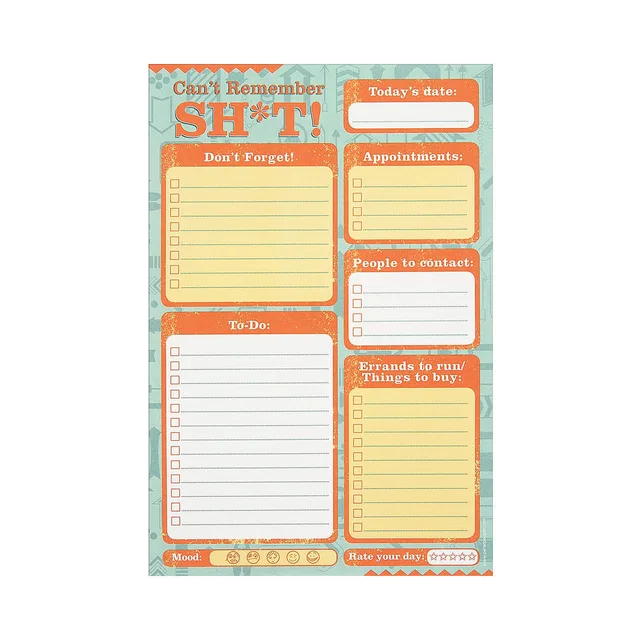 multicolor Can't Remember Shit note pad with task, appointment and contact sections