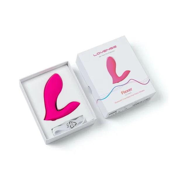 Hot-pink Lovense Flexer displayed in open white box