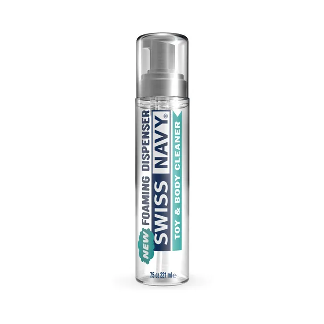 Tall clear Swiss Navy cleaner foaming dispenser with white pump and cap
