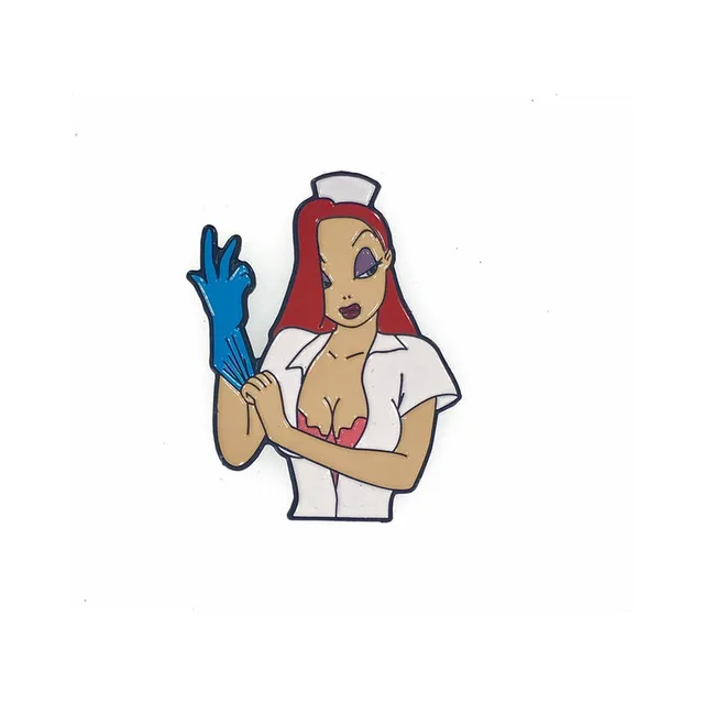 Nurse Jess enamel pin with red hair, white uniform and raised blue glove