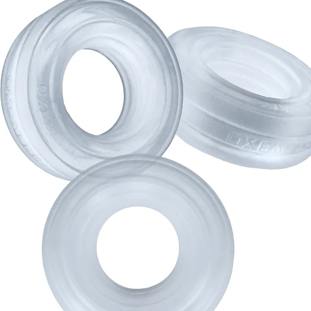 Oxballs Hunkyjunk Roto Clear Steam grooved cock ring front, side and angled views of the clear grooved profile