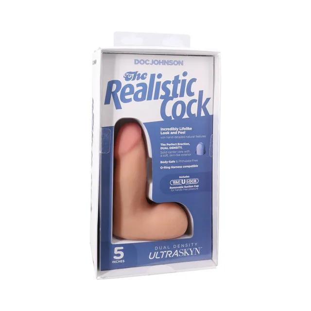 5-inch vanilla Realistic Cock ULTRASKYN dildo with balls in blue window package
