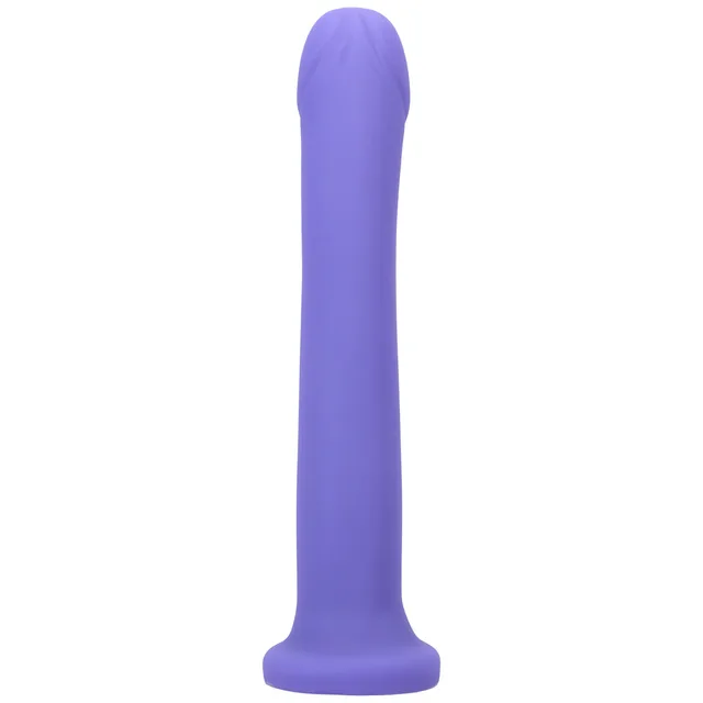 Front view of purple Tantus Hook dildo with long shaft and round base