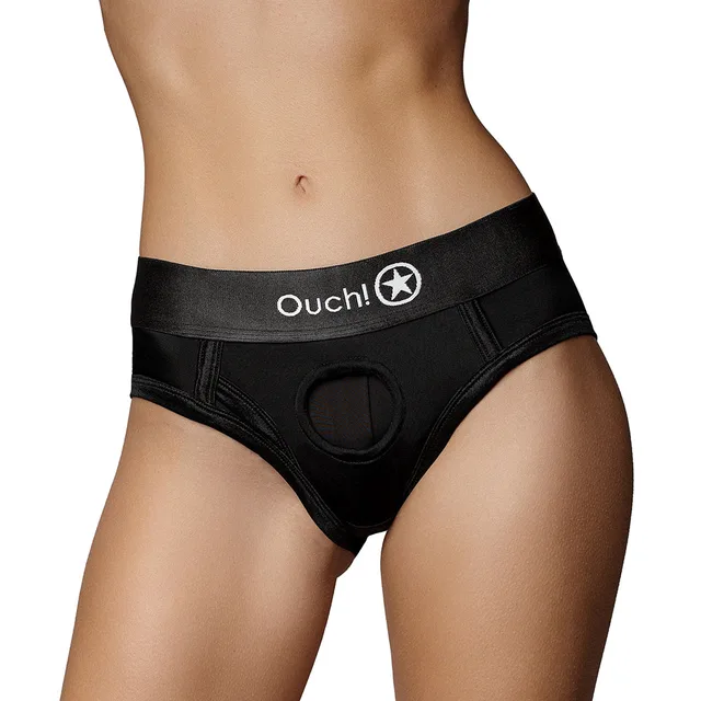 Shots Ouch black XS/S high-cut vibrating strap-on brief front worn view