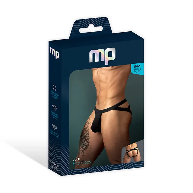 Male Power Eco Cozy Jock in black size S/M displayed in a navy window retail box