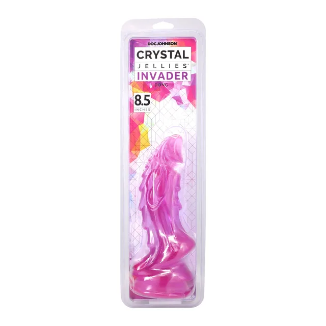 Light-purple Crystal Jellies Invader 8.5-inch dildo in clear clamshell