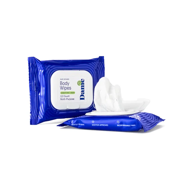 Dame Aloe and Cucumber body wipes royal blue 12-count packet front