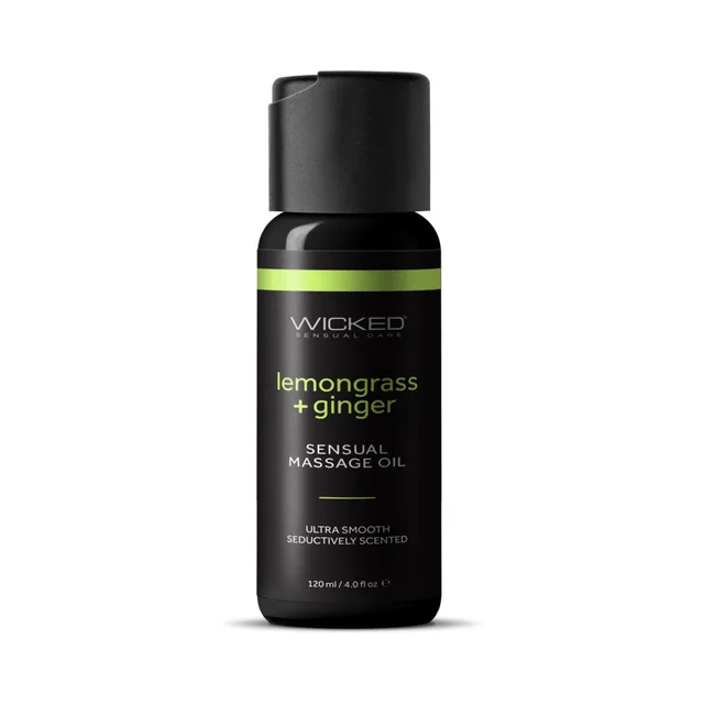 Front of black 4 oz Wicked Lemongrass and Ginger massage oil bottle