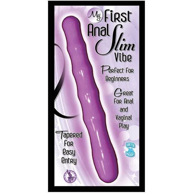 My First Anal Slim Purple slender vibrator in white and purple retail package
