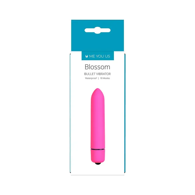 Me You Us Blossom hot-pink bullet vibrator displayed vertically in white-and-teal hanging package