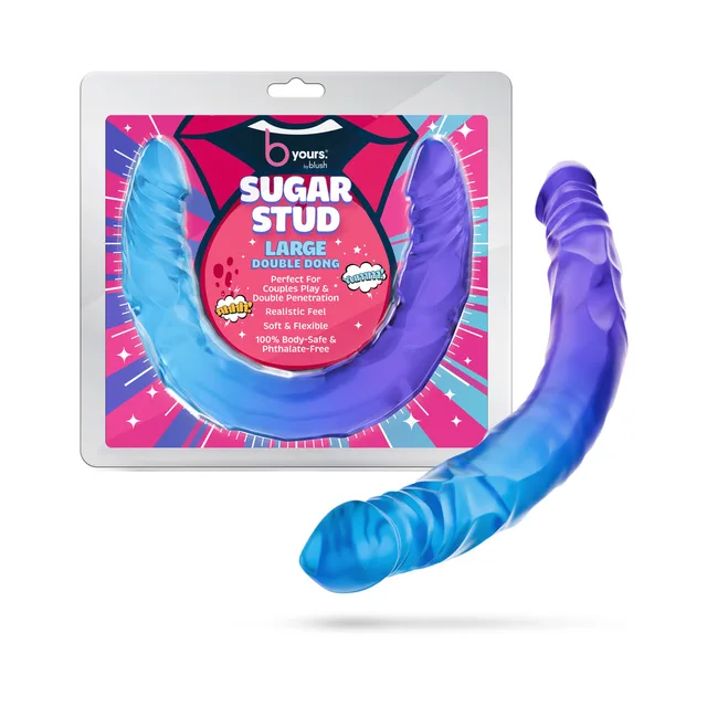 Blush B Yours Sugar Stud blue-purple double-ended dildo curved beside its colorful retail package